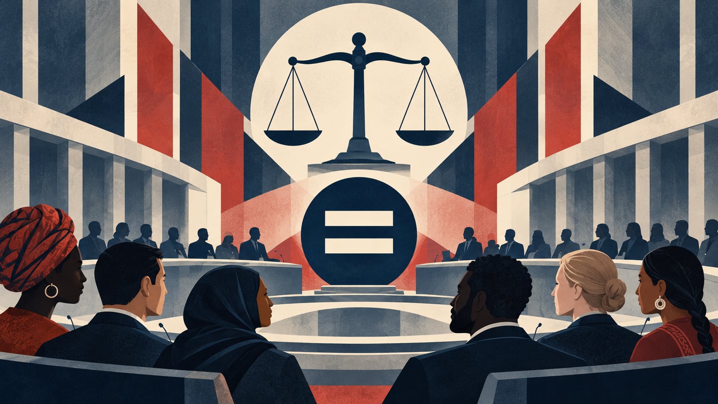 AI-generated editorial illustration of equality and legal safeguards. Not a photograph of the family or its detention.