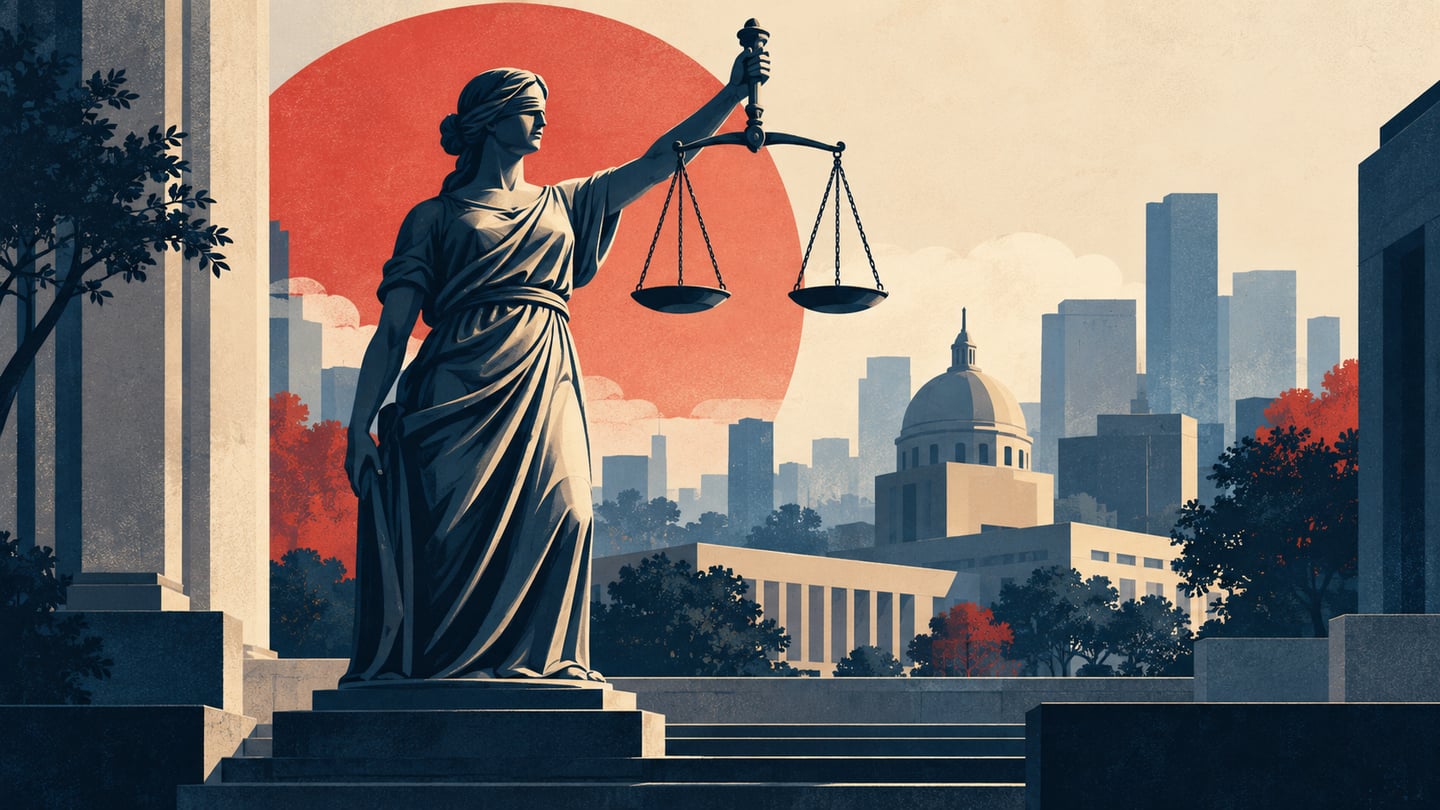 AI-generated editorial illustration of justice and public safety. Not a photograph of the Alwar incident or the people involved.