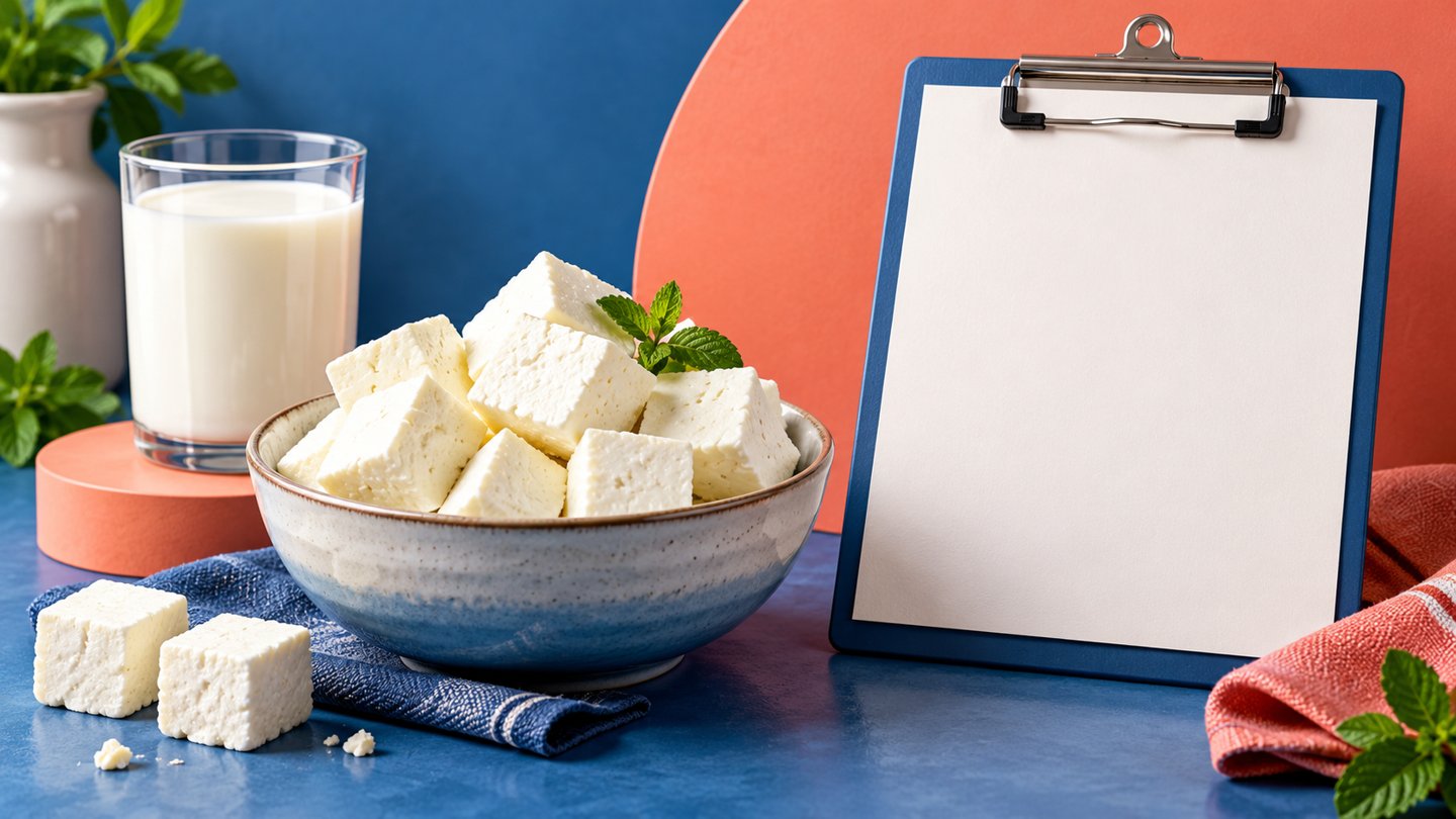 AI-generated editorial illustration of paneer, milk and a blank inspection clipboard. It does not show an actual inspection or imply that the draft is already law.