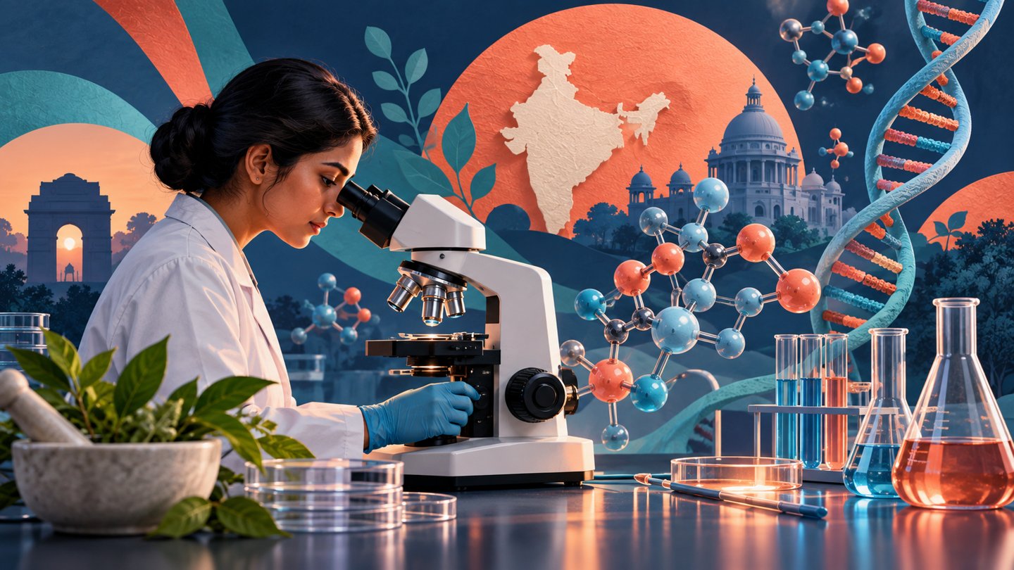 AI-generated editorial illustration of Indian health research, with a fictional researcher and symbolic molecular forms. Not a photograph of the reported participants, a clinical result or an anatomical diagram.