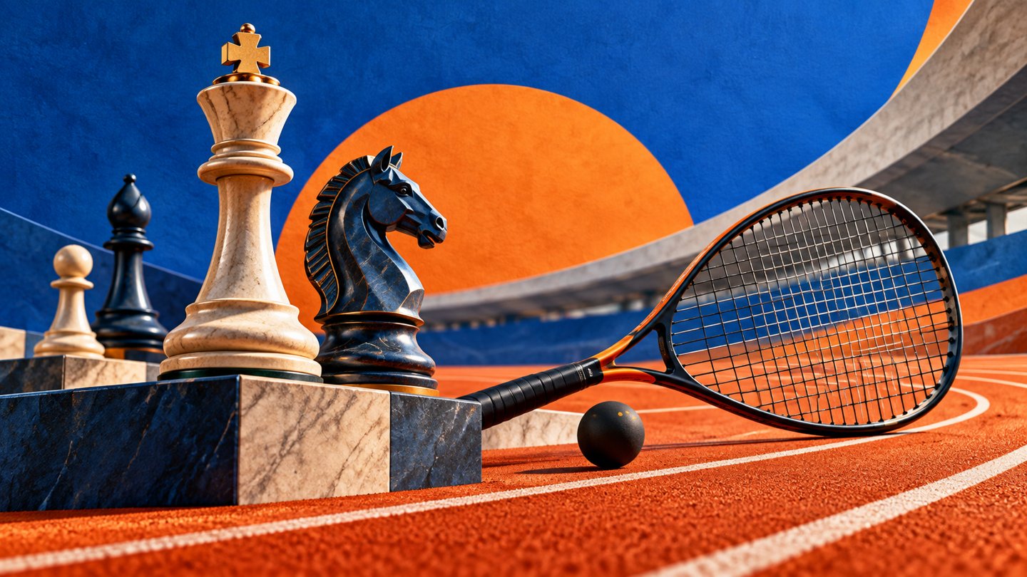 AI-generated editorial illustration combining chess, squash and athletics. It does not depict the athletes, venue or any reported medal ceremony.