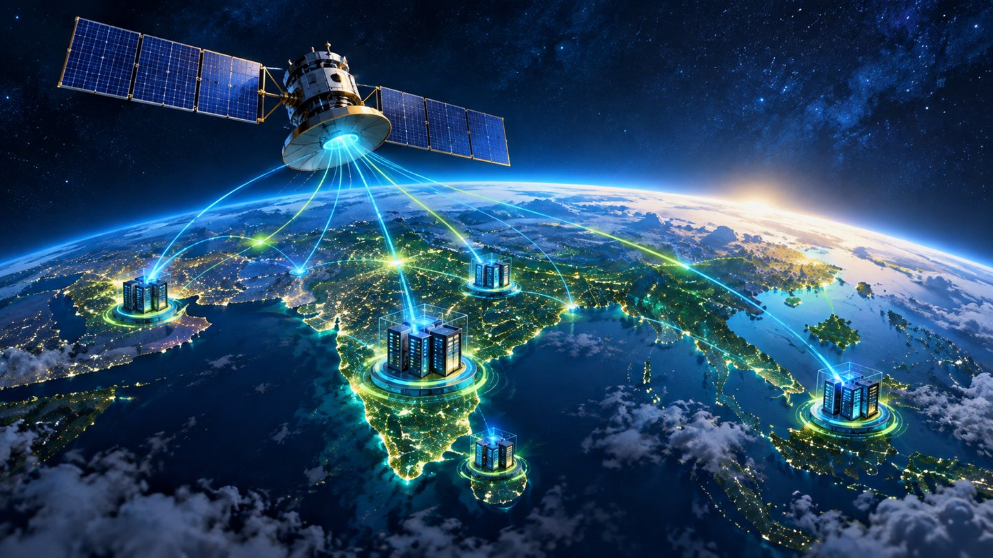 AI-generated editorial illustration of satellite and computing infrastructure. The satellite, network links and locations are symbolic; they do not depict GalaxEye hardware or the Visakhapatnam project.