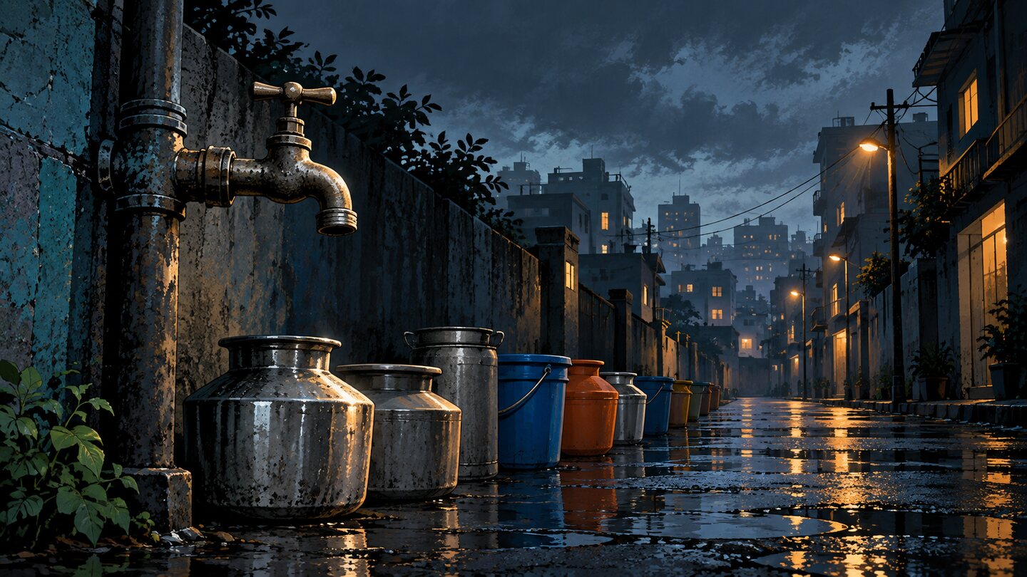 AI-generated editorial illustration of a dry public tap and waiting water vessels. Not a photograph of Jyotinagar Colony or its residents.